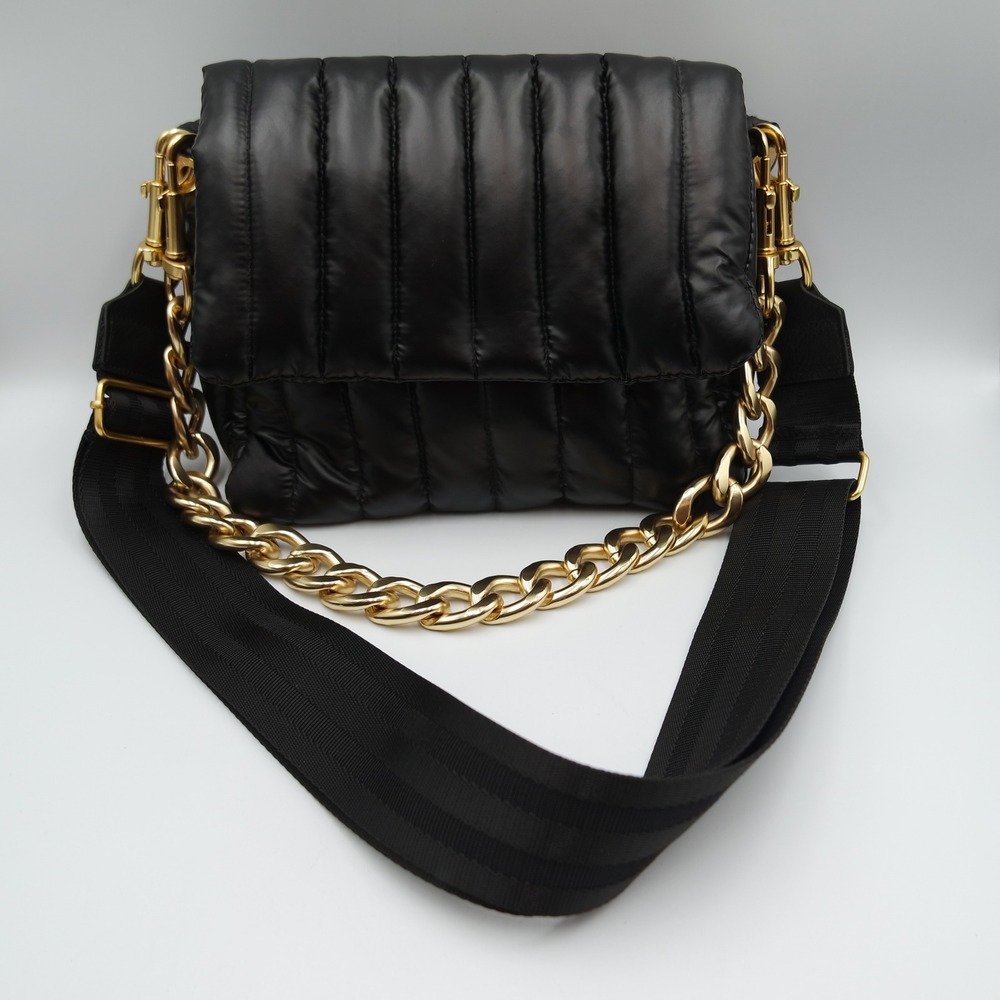 Think Royln Black Bar Bag Quilted Puffer Crossbody Bag Gold Chain & Webbed Strap - Picture 2 of 12